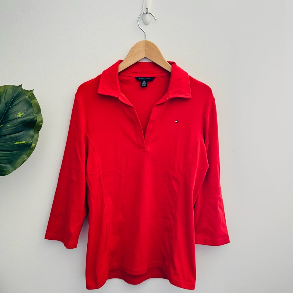 TOMMY HILFIGER | Red Stretch Polo Top Y2K / Preppy Style
